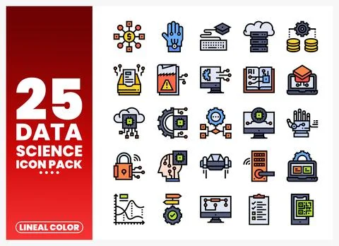 Data science icon pack with lineal color vector illustrations for technolog.. Stock Illustration