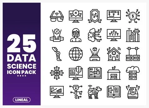 Data science icon pack with technology. AI. and analysis symbols. presented.. 스톡 일러스트