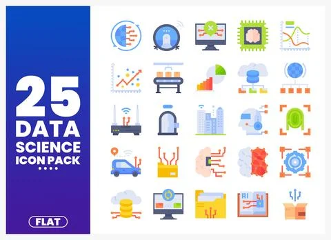 Data science icon pack with technology and analysis symbols on white. Flat .. Stock Illustration
