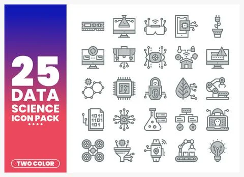 Data Science Icon Pack. Two-Color Icons on White Background Stockillustratie