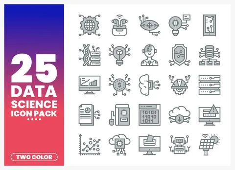 Data science icons. 25-icon pack. two-color theme. technology and analytics. Stockillustratie