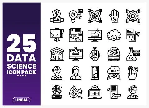 Data science icons with AI and cloud computing symbols on a white background. Stock Illustration