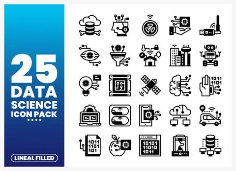 Data science icons in black lineal filled style on a blue gradient background Stock Illustration