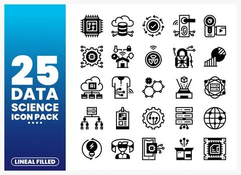 Data Science Icons on Blue Background. Lineal Filled Illustrazione stock