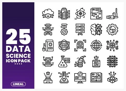 Data science icons with cloud download. robot. AI brain. and network elemen.. イラスト素材