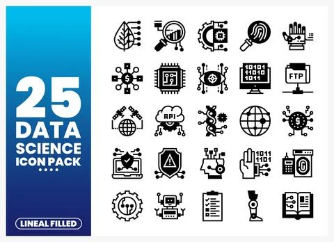 Data science icons collection in a clean. lineal filled style on a blue gra.. Stock Illustration