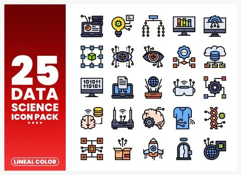 Data science icons collection with digital elements on white background. Te.. Stock Illustration
