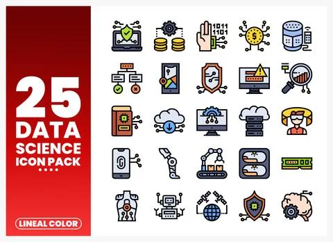 Data science icons display on white background. Ilustración de archivo