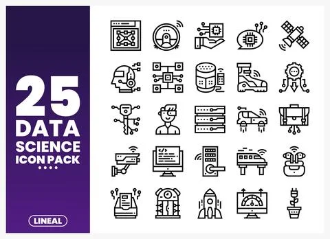 Data science icons displayed on a white background with a purple gradient Stock Illustration
