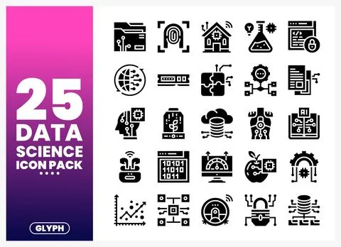 Data science icons featuring AI. cloud. and analysis in a glyph pack Stock Illustration