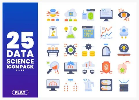 Data science icons in flat design style featuring AI. coding. and technolog.. Stock Illustration