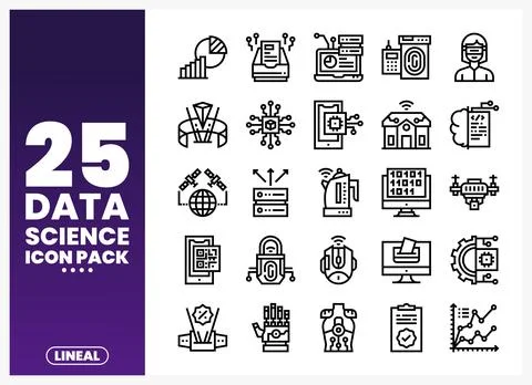 Data science icons graphic pack with digital technology and AI elements on .. Stockillustratie