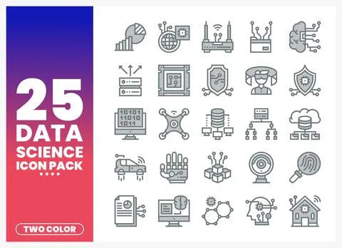 Data science icons in gray and white on a gradient background Stock Illustration