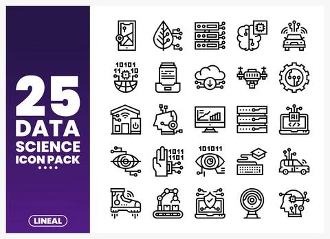 Data science icons including AI. machine learning. and big data concepts in.. Stock-Illustration
