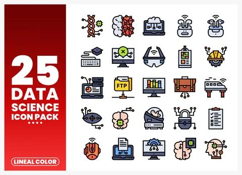Data science icons. lineal color style. arranged in a grid on a white backg.. Ilustración de archivo