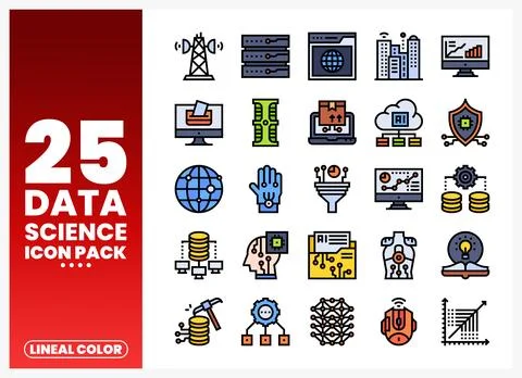 Data science icons in lineal color style with technology and network elements Illustrazione stock
