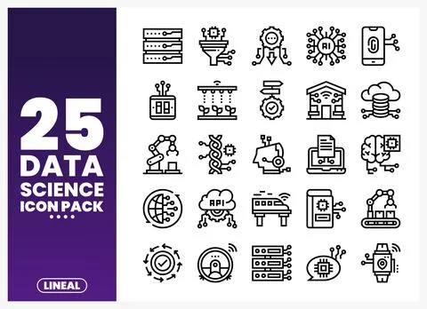 Data science icons in a linear style on a purple gradient background. showc.. 库存插图