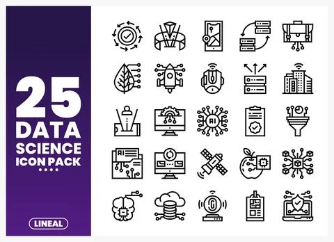 Data science icons in a linear style on a purple gradient background. depic.. 스톡 일러스트