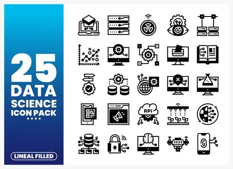 Data science icons pack with diverse symbols for analytics and technology. .. Stock Illustration