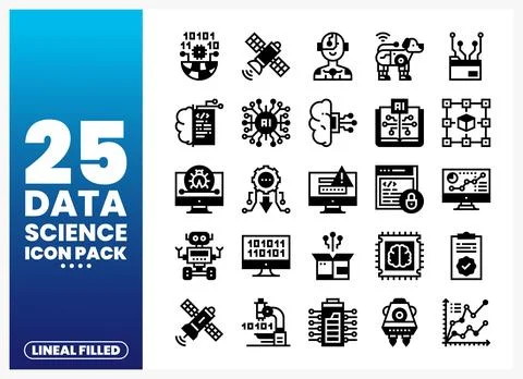 Data science icons pack. showcasing technology and AI. Black lineal filled .. Stock Illustration
