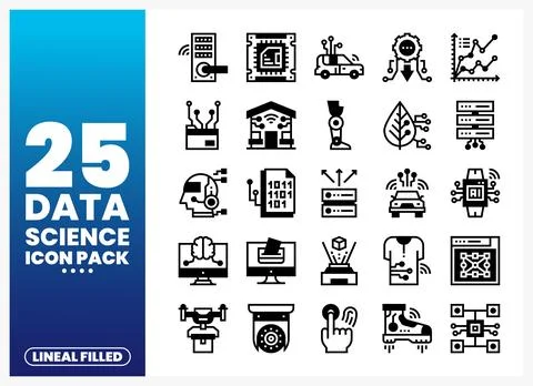 Data science icons pack with technology and artificial intelligence concepts 스톡 일러스트