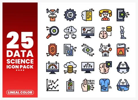 Data science icons pack with technology and analytics elements. Stock Illustration