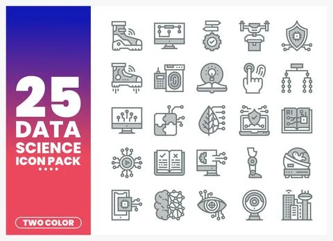 Data Science Icons Pack with Two Color Design Stock Illustration