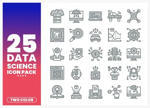 Data science icons pack on a white background with gradient text Stock Illustration