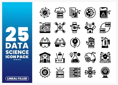 Data science icons set on a blue gradient background with graphic elements Stock Illustration