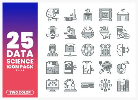Data science icons for technology. AI. and analytics in a grey two-color set Stock Illustration