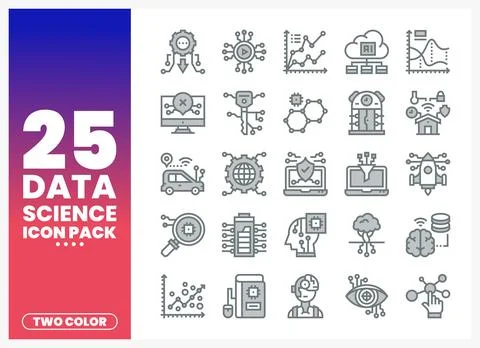 Data science icons with technology and AI themes. presented on a white back.. Stock Illustration