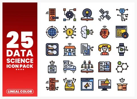 Data science icons with technology symbols on white background Illustrazione stock
