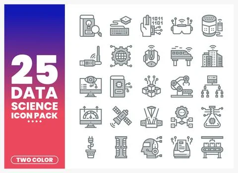 Data science icons in two-color vector graphics on a gradient background. Stock Illustration