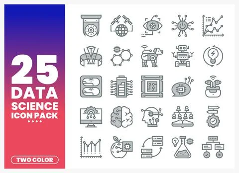 Data science icons with two-color design on a white background. Stock Illustration