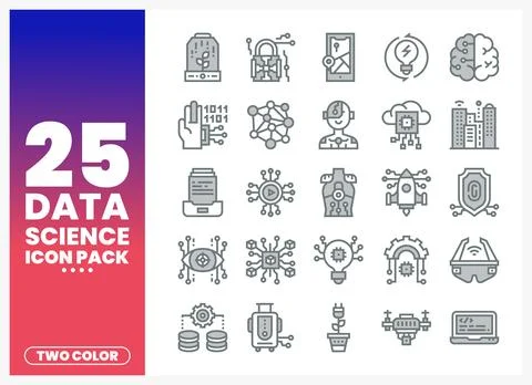 Data science icons in two-color style with technology and computing symbols. Stockillustratie