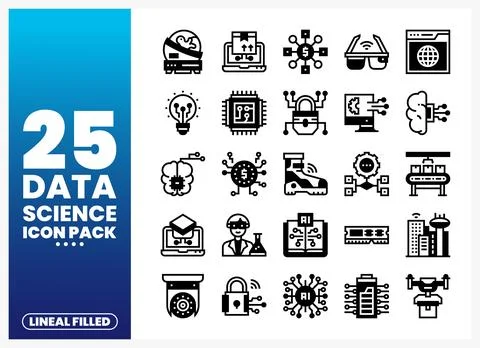 Data science lineal filled icons in black on a blue and white background イラスト素材