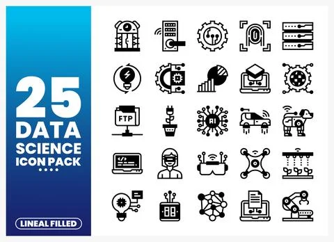 Data science lineal filled icons with technology and AI themes Stock Illustration