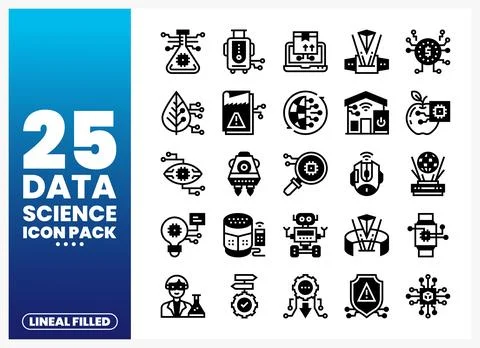 Data Science Lineal Filled Icons with Technology and Science Symbols Illustrazione stock