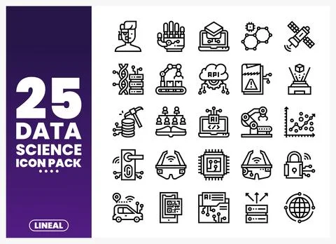 Data science lineal icon pack featuring technology and artificial intellige.. Stock Illustration
