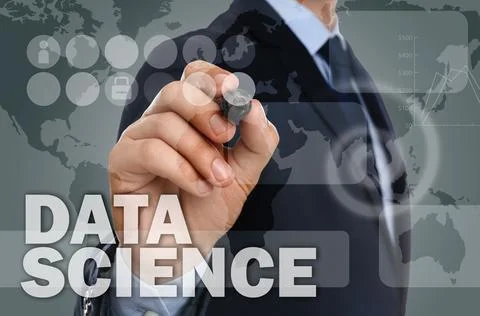 Data science. Man using digital screen, closeup Stock Photos
