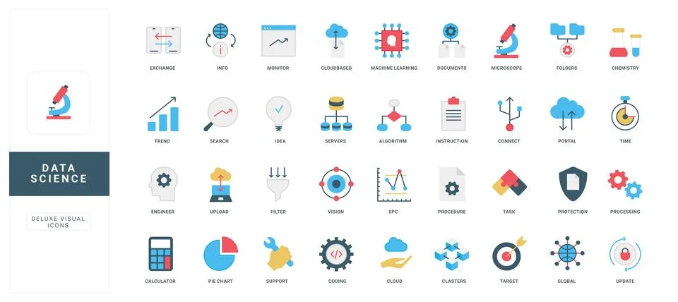 Data science structure and visualization, machine learning, database color icon Stock Illustration