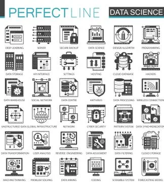 Data science technology classic black mini concept symbols. Machine learning 库存插图