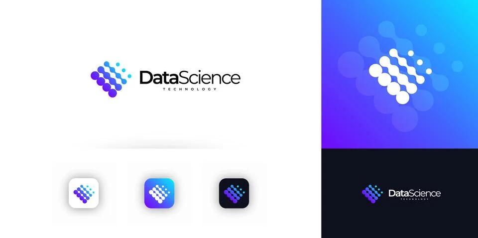 Data science technology logo, abstract gradient dots, digital network symbol for Stockillustratie