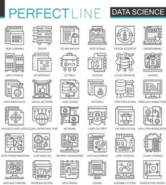 Data science technology outline mini concept symbols. Machine learning process Stock Illustration