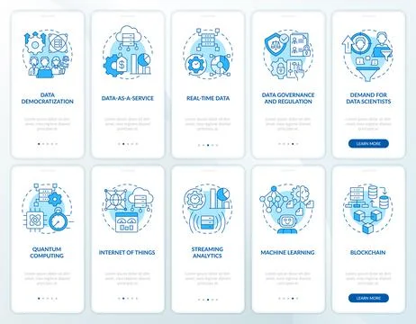 Data science technology trends blue onboarding mobile app screens set Stock Illustration