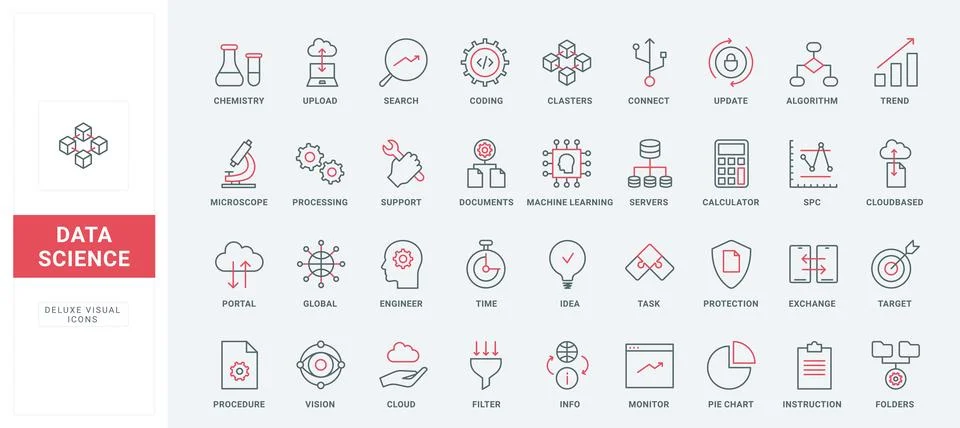 Data science thin black and red line icons set, machine learning, digital 스톡 일러스트