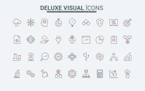 Data science thin black and red line icons set, chemistry research, digital Stock Illustration