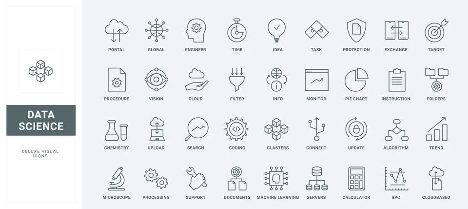 Data science thin black and red line icons set, machine learning, digital 库存插图