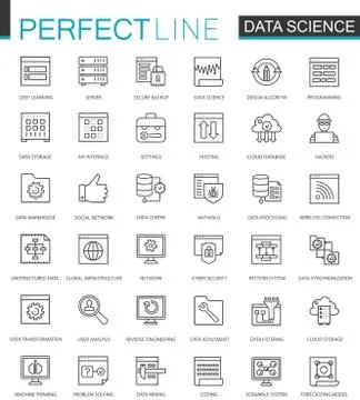 Data Science thin line web icons set. Data analysis outline stroke icons design. Stock Illustration
