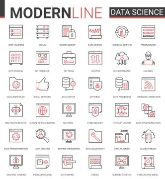Data science thin red black line icon vector illustration set with outline Illustrazione stock
